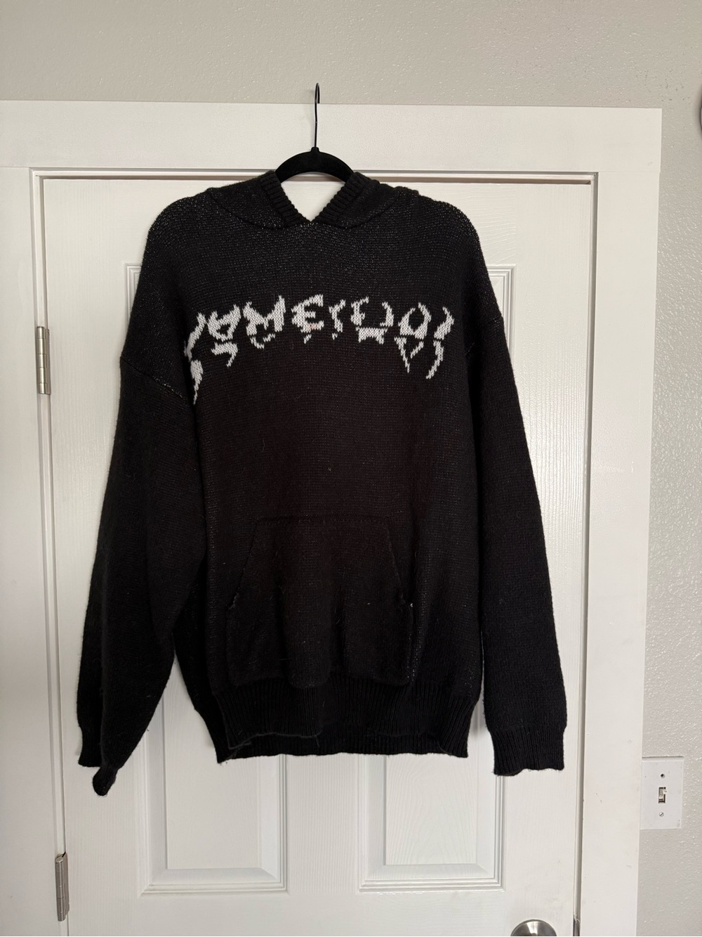 Black Hoodie Sweater with White Intarsia Detail
